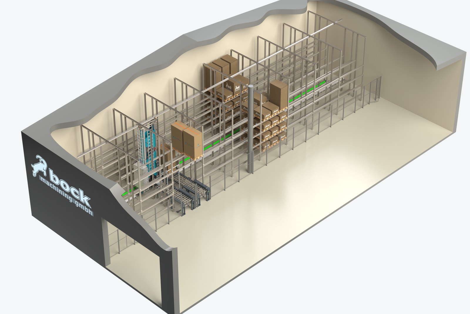Render de una instalación completa: nave en sección con estantería, transelevador y transporte