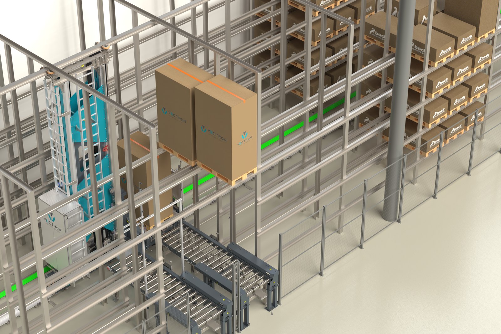 Render: estantería de palés con transporte y estación de transferencia junto al transelevador